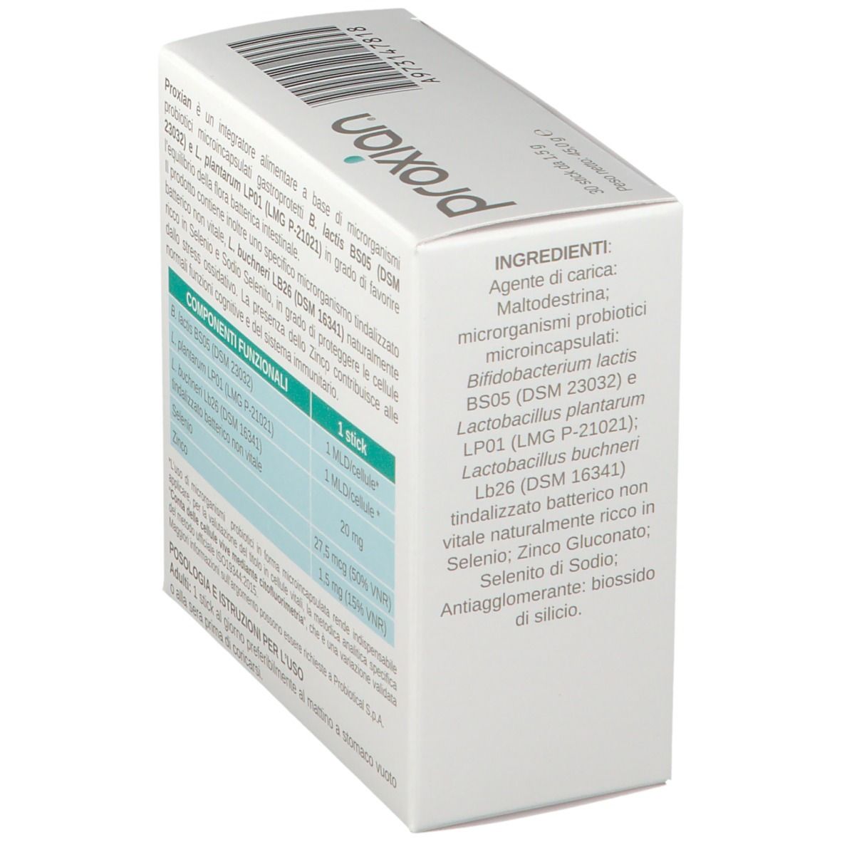 Scatola "Proxian" con informazioni sugli ingredienti. Contiene informazioni sulla composizione del prodotto.