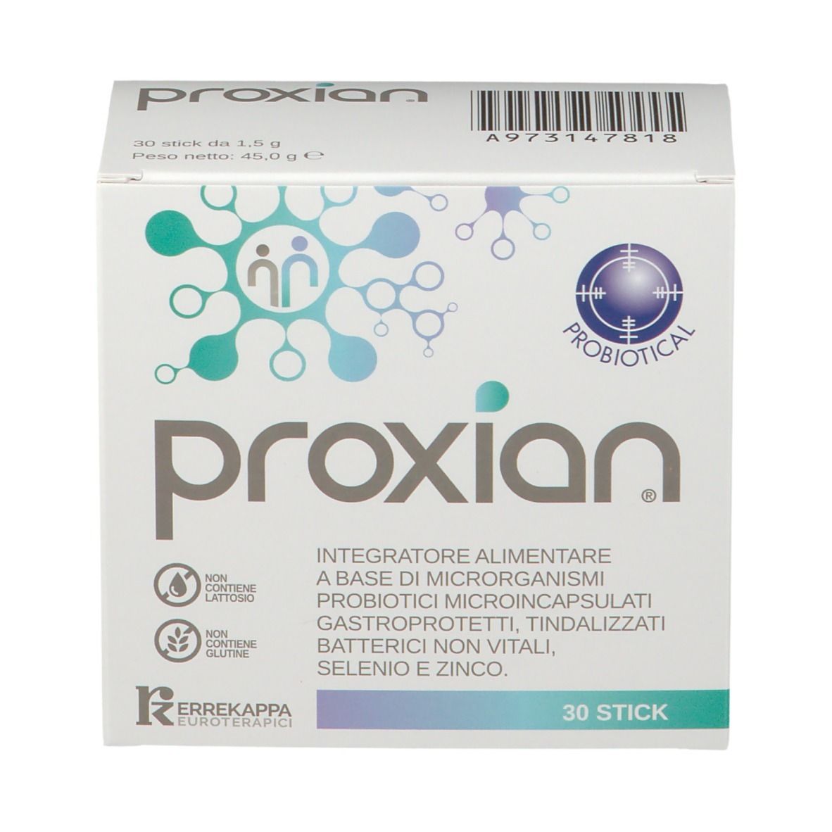 Scatola "Proxian" con logo e "30 Stick". Contiene informazioni sugli ingredienti e certificazioni.