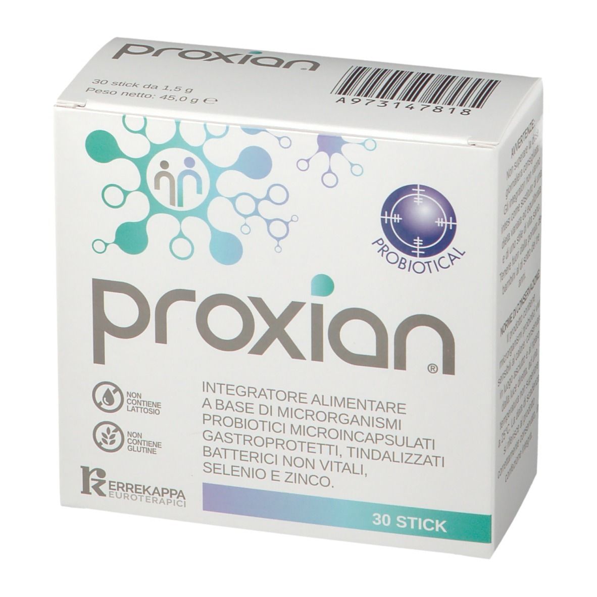 Scatola "Proxian" con logo e "30 Stick". Contiene informazioni sugli ingredienti e certificazioni.