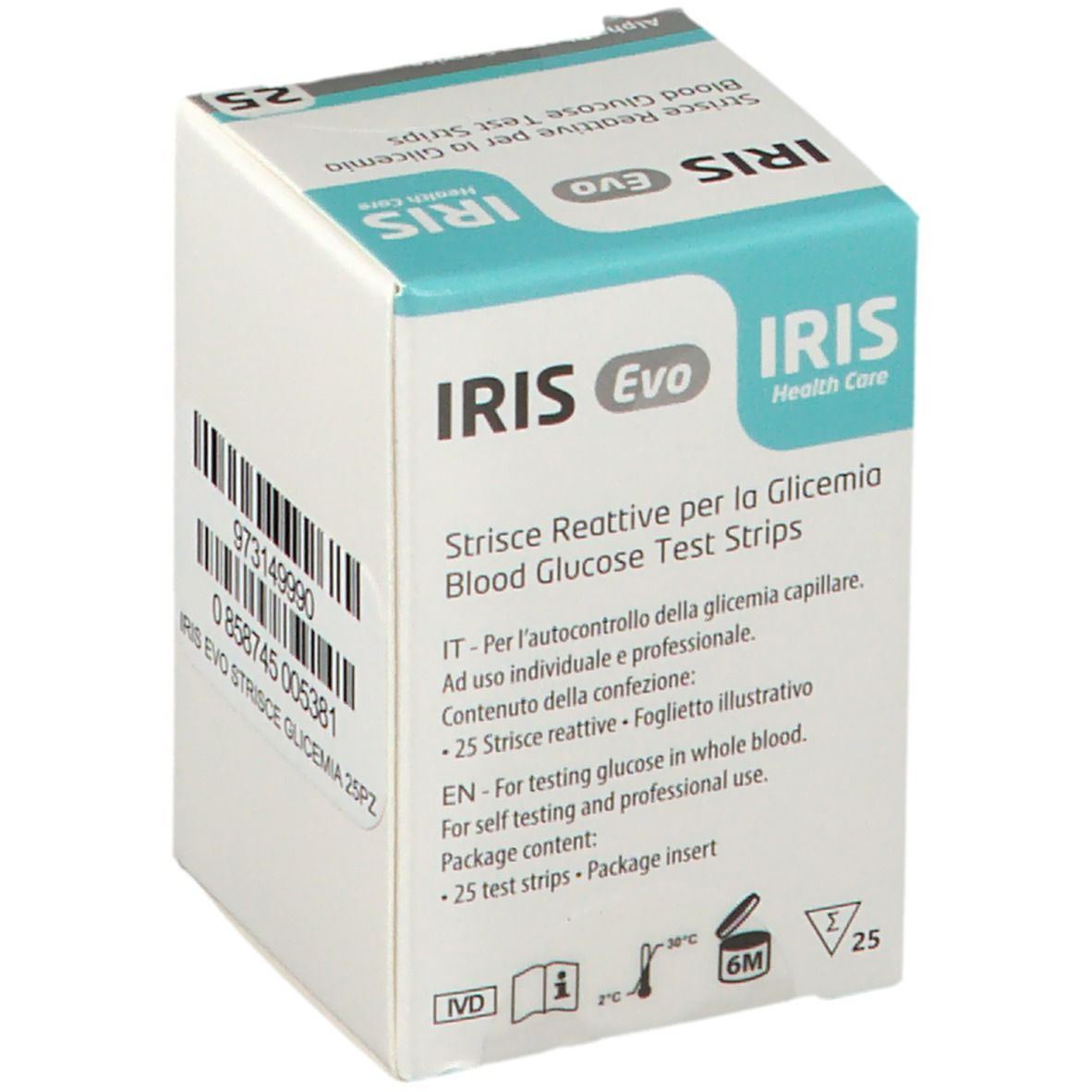 Confezione di strisce reattive per la glicemia IRIS Evo. Contiene 25 strisce. Testo in italiano e inglese. Scritta: Strisce Reattive per la Glicemia.