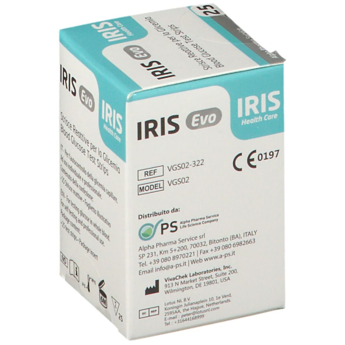 Confezione di strisce reattive per la glicemia IRIS Evo. Contiene 25 strisce. Scritta: Strisce Reattive per la Glicemia. Con marchio CE.