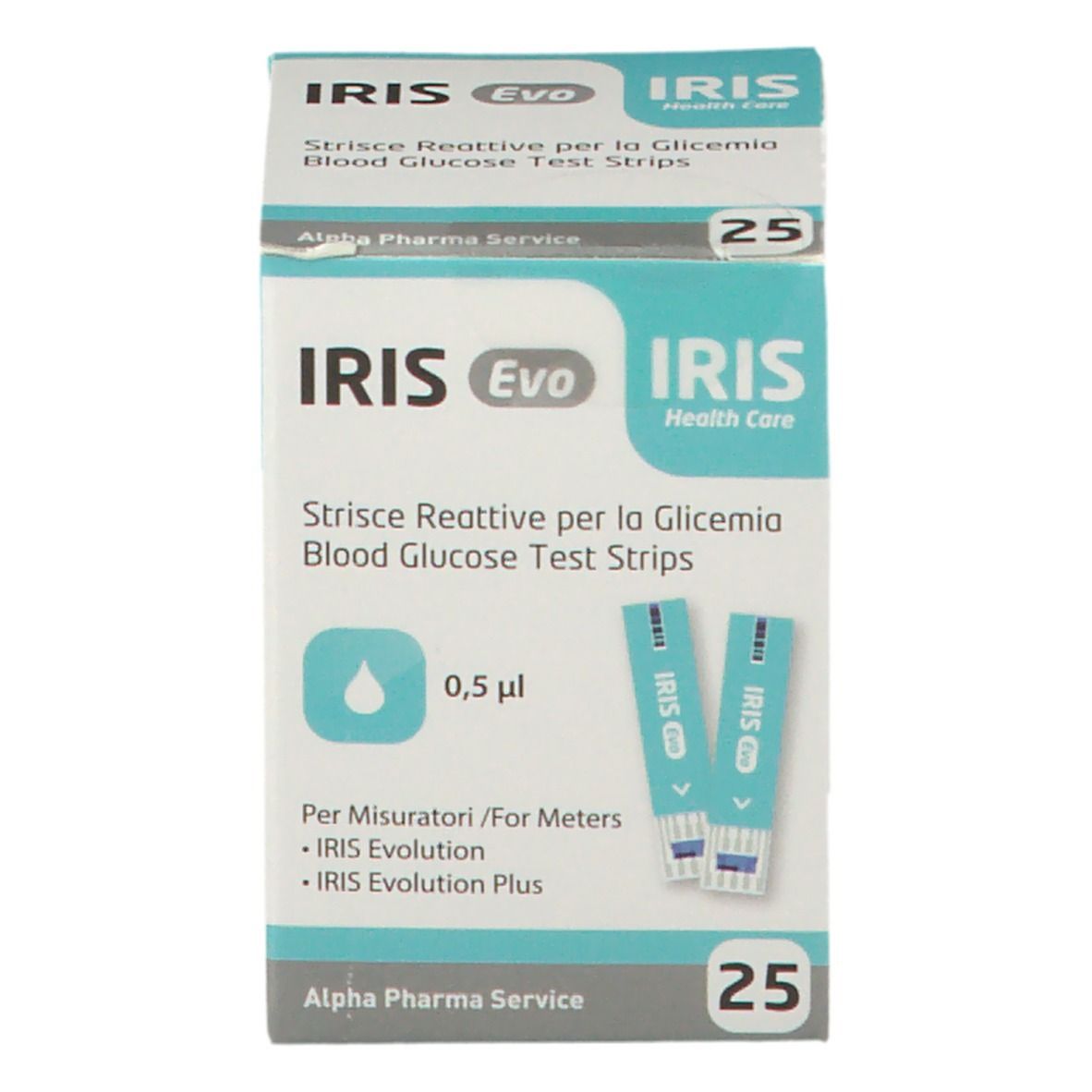 Confezione di strisce reattive per la glicemia IRIS Evo. Contiene 25 strisce. Scritta: Strisce Reattive per la Glicemia. Con due strisce illustrate.