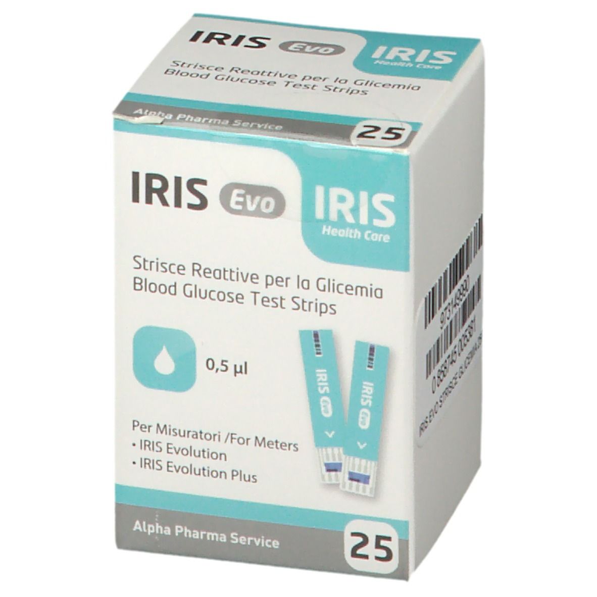 Confezione di strisce reattive per la glicemia IRIS Evo. Contiene 25 strisce. Scritta: Strisce Reattive per la Glicemia. Codice a barre visibile.