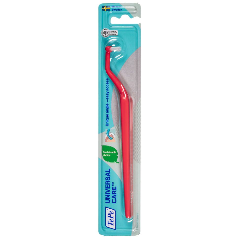 Spazzolino interdentale in confezione. Spazzolino rosso, confezione blu. Testo: Universal Care.