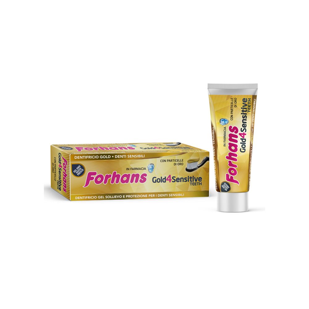 Tubo e scatola di dentifricio Forhans Gold4Sensitive Teeth. Confezione giallo-oro. Testo in italiano.