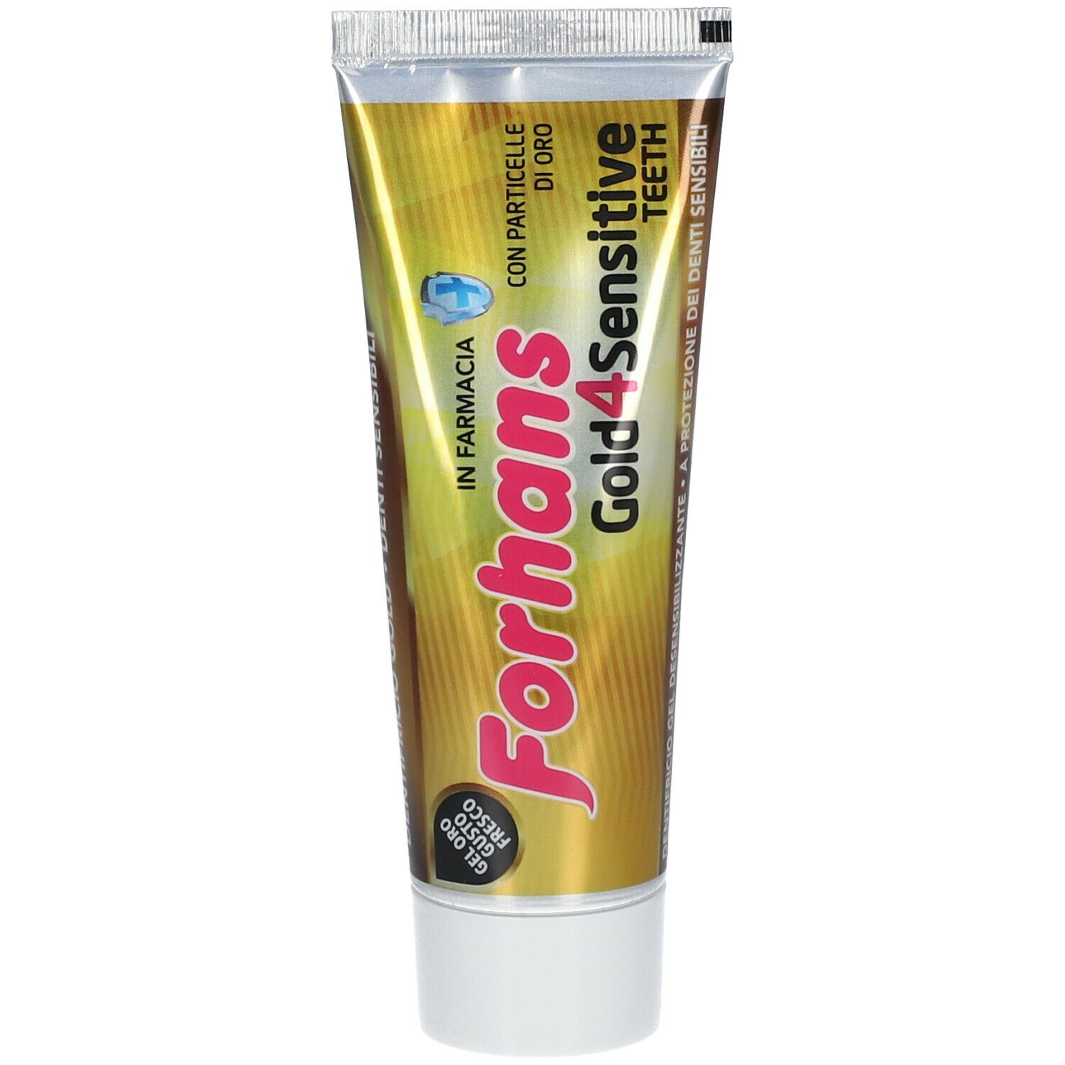 Tubo di dentifricio dorato. Forhans Gold4Sensitive Teeth. Tappo bianco. Testo in italiano.