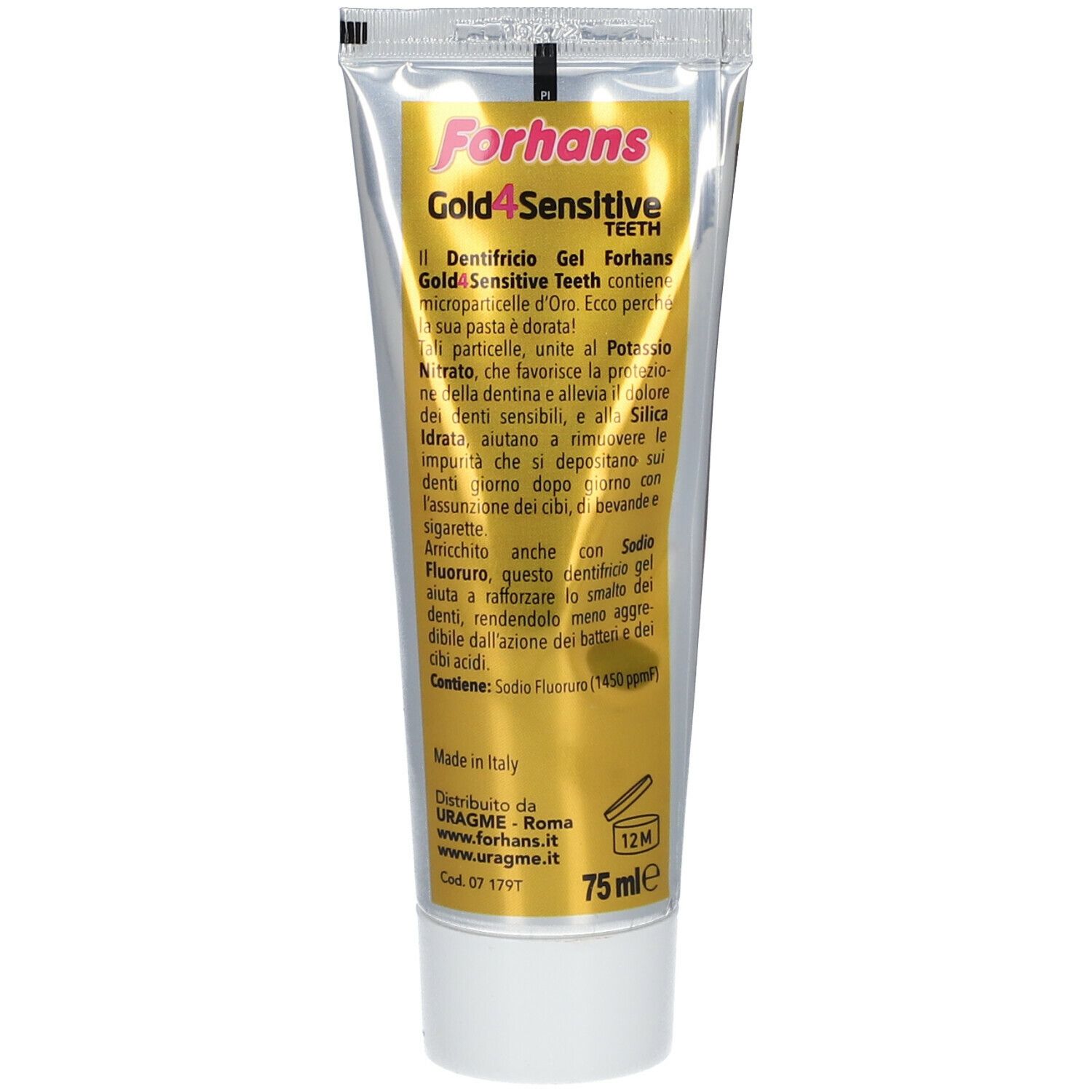 Tubo di dentifricio con testo. Forhans Gold4Sensitive Teeth. Dorato, tappo bianco. Testo in italiano.
