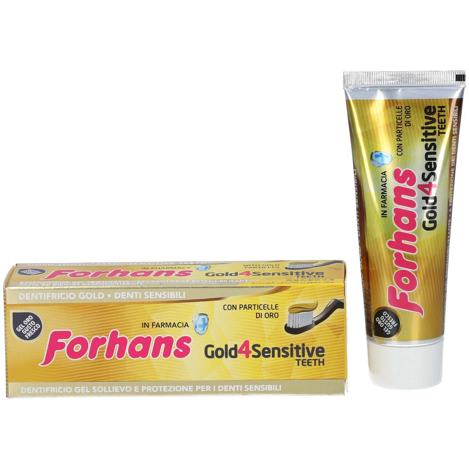Tubo e scatola di dentifricio. Forhans Gold4Sensitive Teeth. Dorato. Testo in italiano.