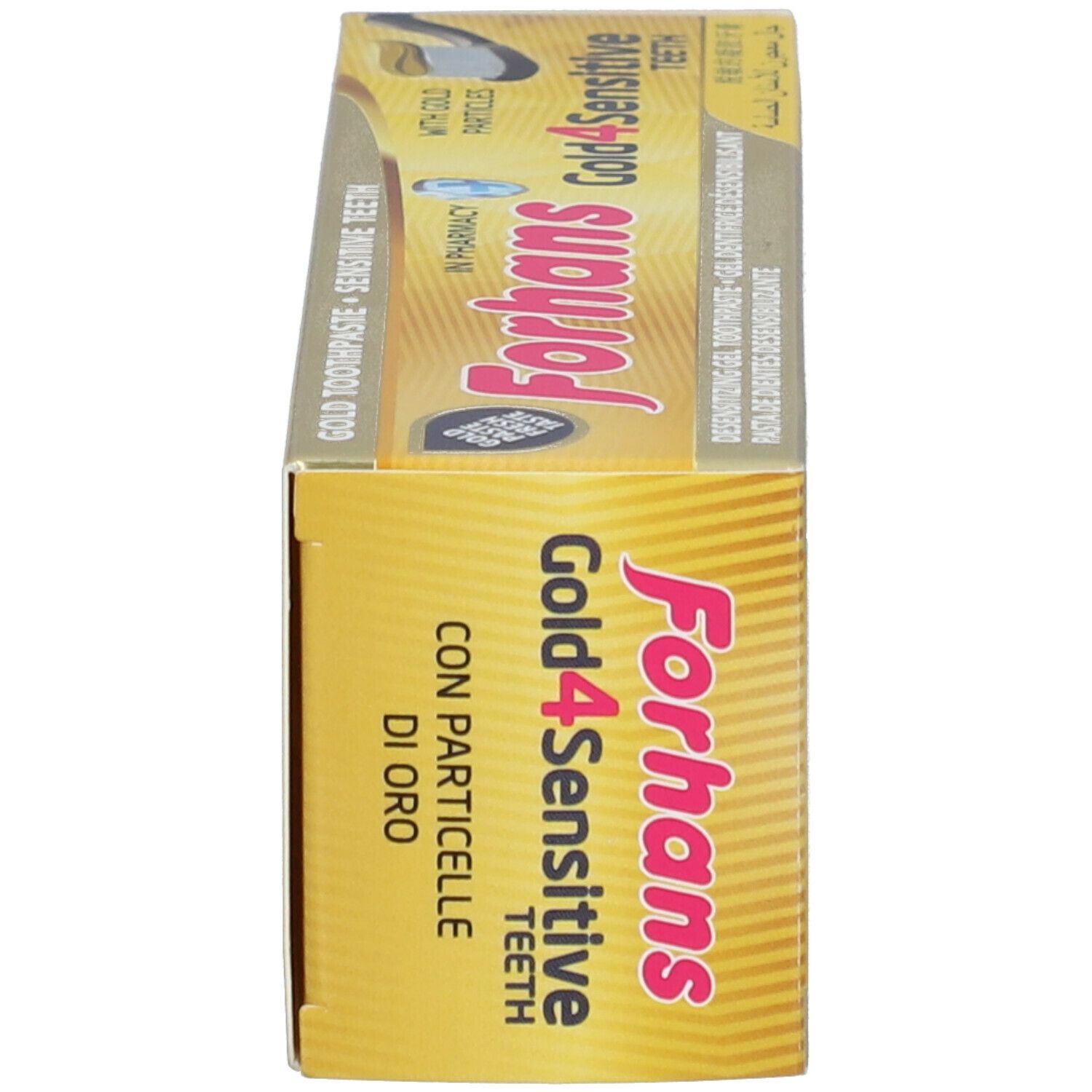 Scatola di dentifricio. Forhans Gold4Sensitive Teeth. Dorato. Testo in italiano.