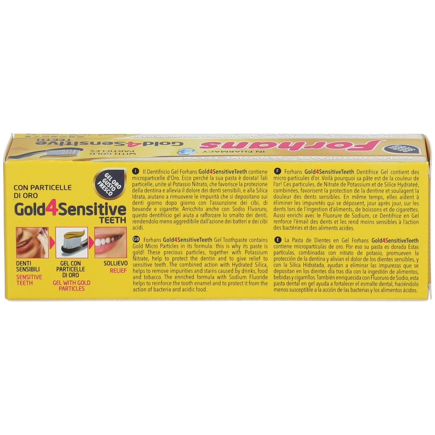 Scatola di dentifricio. Forhans Gold4Sensitive Teeth. Dorato. Testo in italiano.