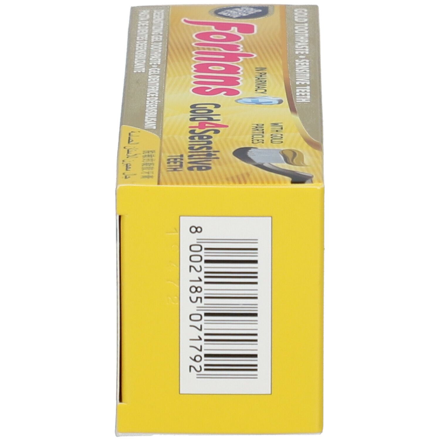 Scatola di dentifricio. Forhans Gold4Sensitive Teeth. Dorato. Codice a barre e testo in italiano.