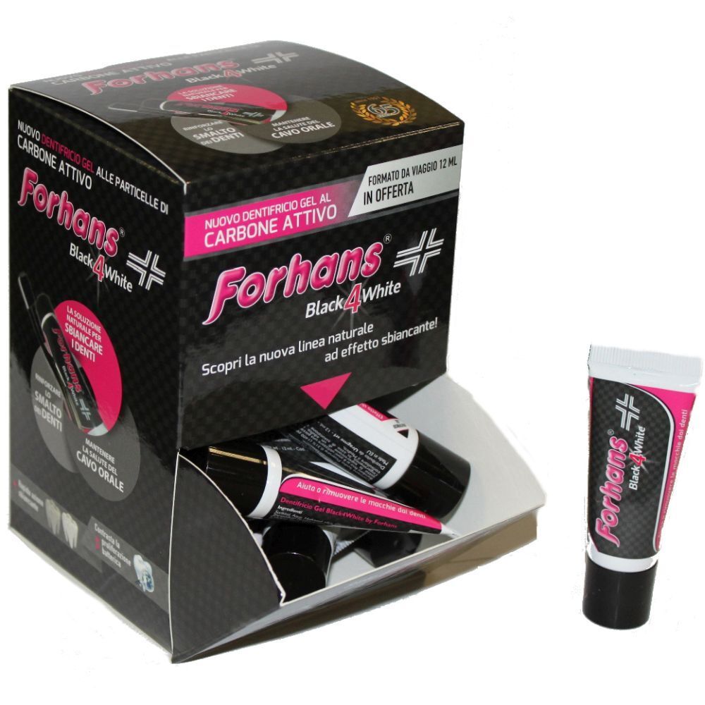 Zahncreme-Packung und Tube. Schwarze und weiße Verpackung mit rosa Akzenten. Aufschrift: Forhans Black4White.