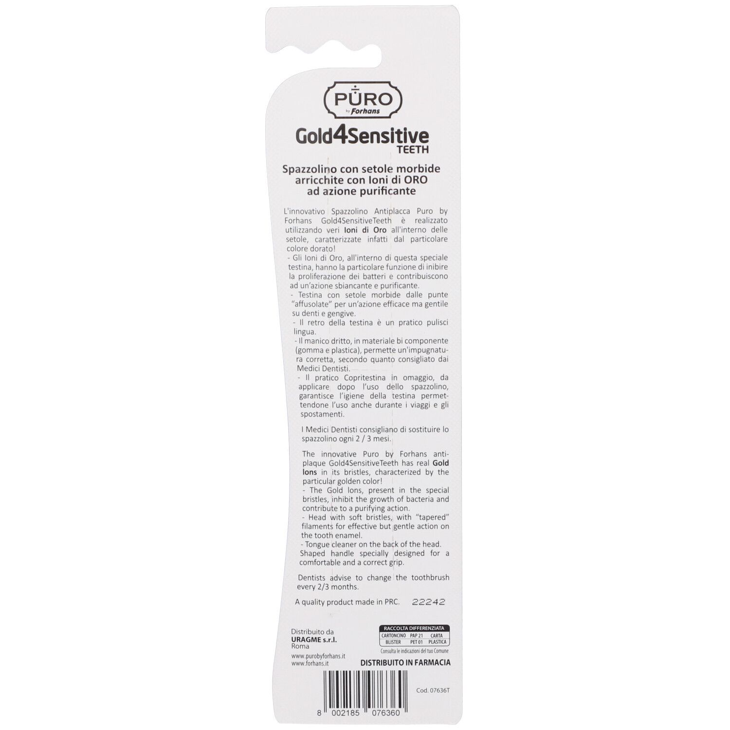 Rückseite der Produktverpackung. Text in italienischer und englischer Sprache. Produktname: Gold4Sensitive Teeth.