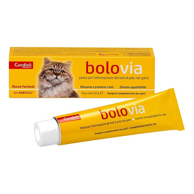 Tubo e scatola gialli "bolovia". Contiene pasta per l'eliminazione dei boli di pelo nei gatti. Marchio: Candoli.