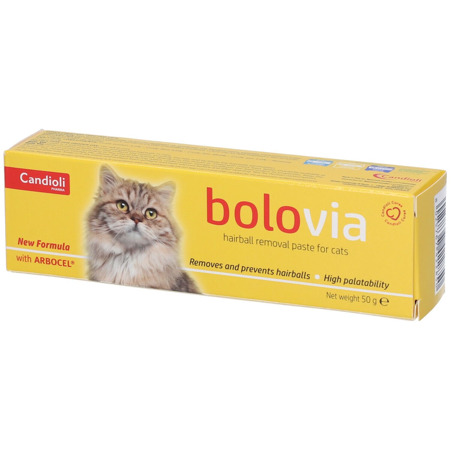 Scatola gialla "bolovia" con gatto. Contiene pasta per l'eliminazione dei boli di pelo nei gatti. Marchio: Candoli. Peso netto 50g.