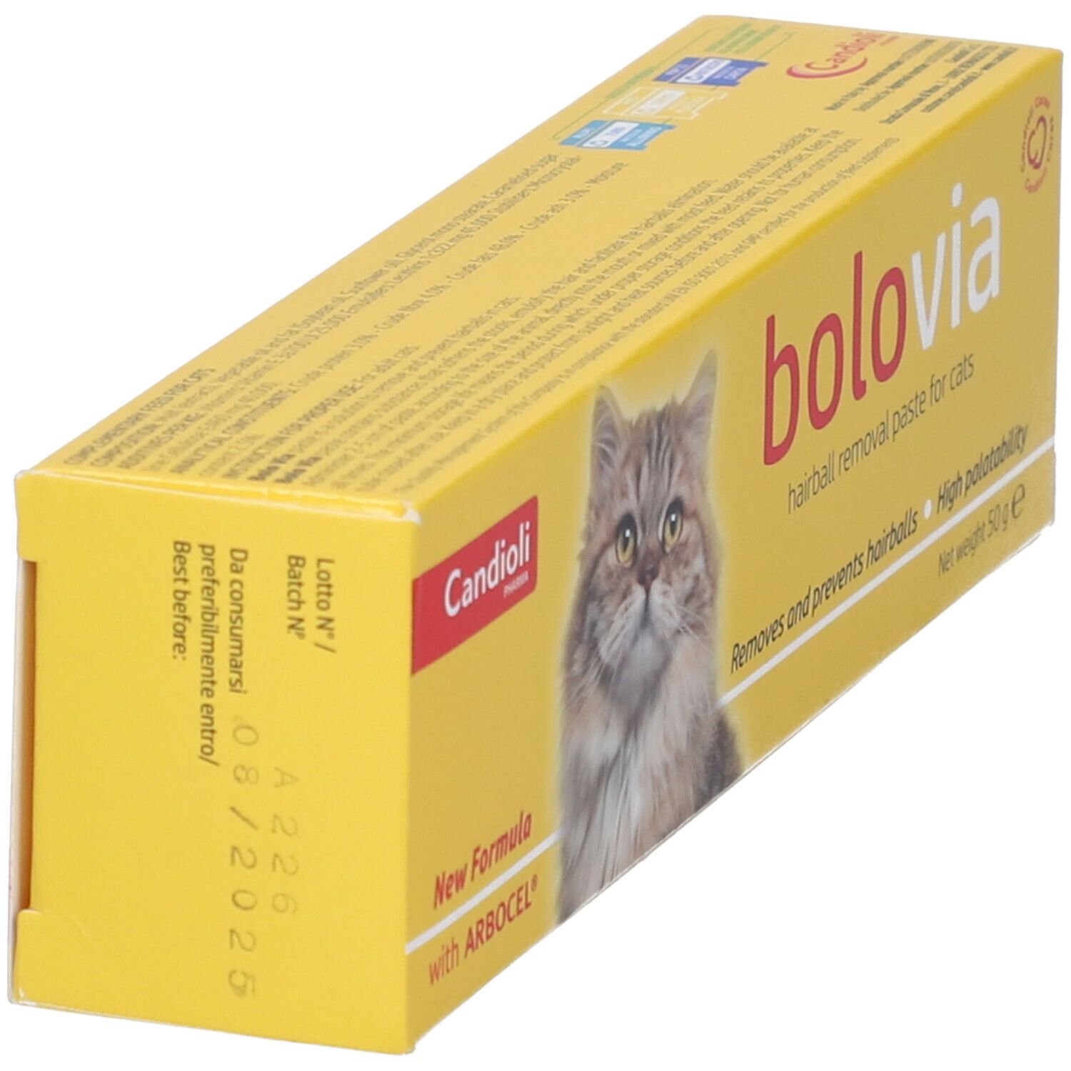 Scatola gialla "bolovia" con gatto. Contiene pasta per l'eliminazione dei boli di pelo nei gatti. Marchio: Candoli. Retro con testo e data.