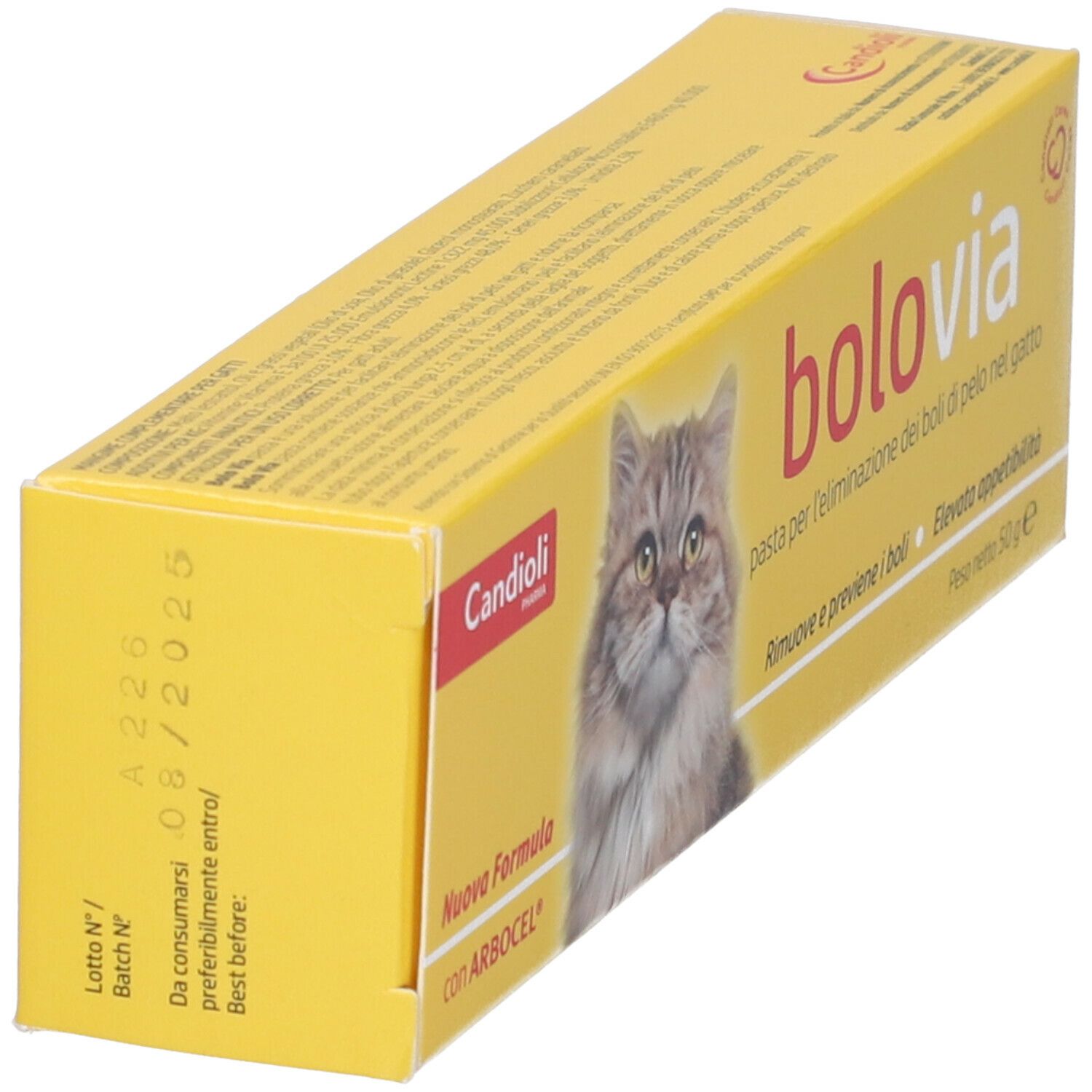 Scatola gialla "bolovia" con gatto. Contiene pasta per l'eliminazione dei boli di pelo nei gatti. Marchio: Candoli. Retro con testo e data.