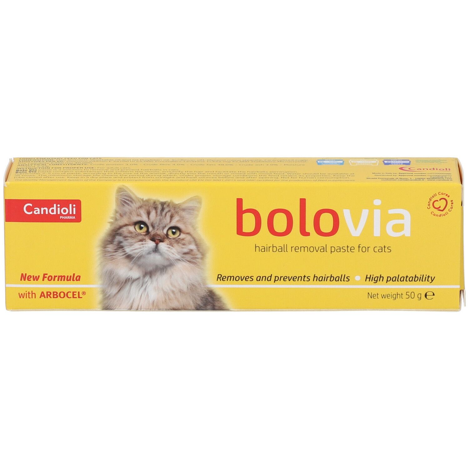 Scatola gialla "bolovia" con gatto. Contiene pasta per l'eliminazione dei boli di pelo nei gatti. Marchio: Candoli. Peso netto 50g.