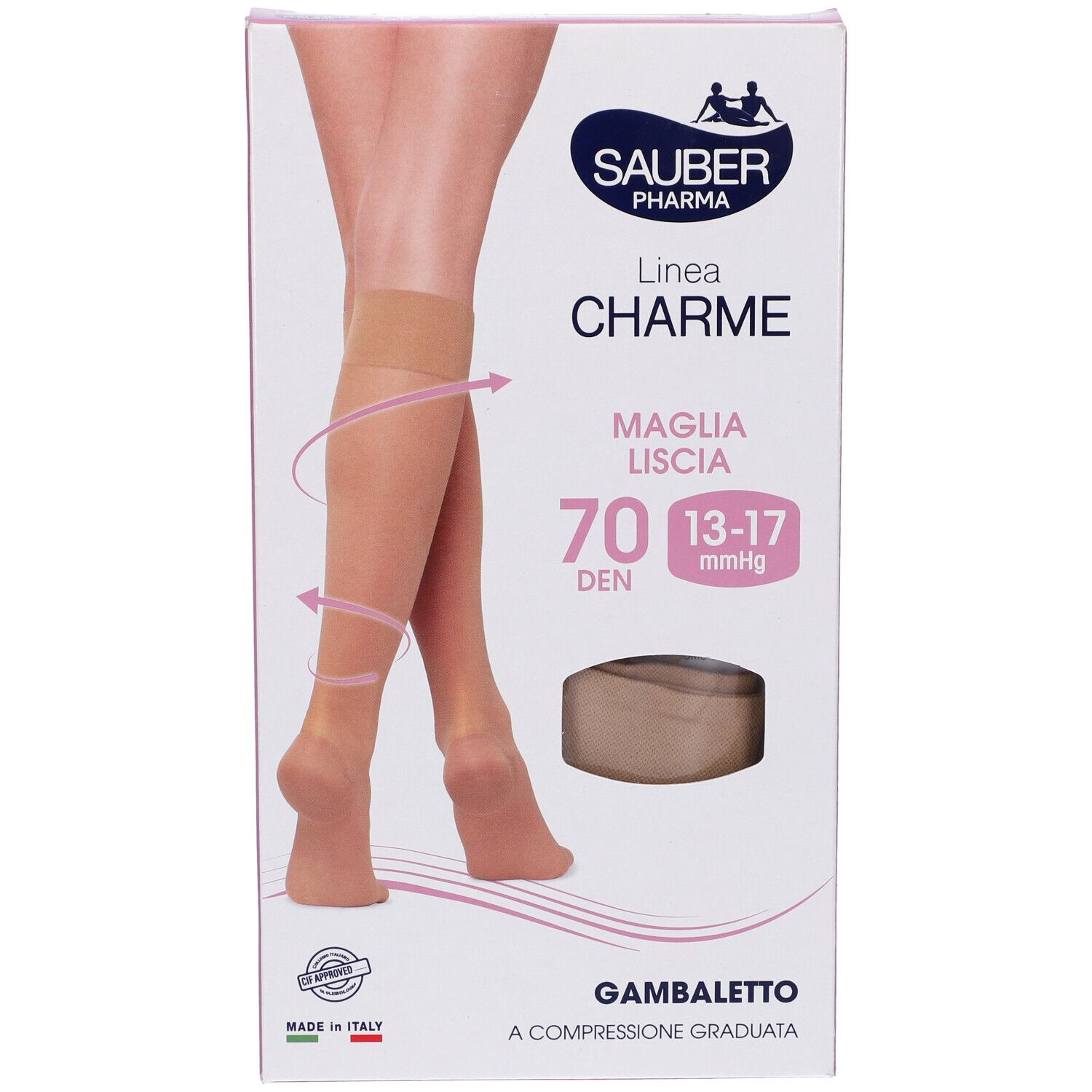 Confezione di calze a compressione Sauber Pharma, Gambaletto Maglia Liscia 70 Denari, colore Camel 4. Immagine di gambe.