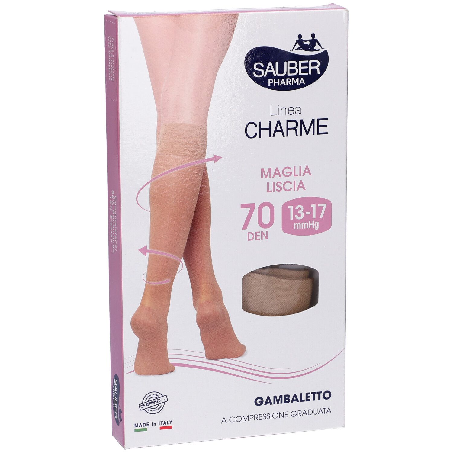 Confezione di calze a compressione Sauber Pharma, Gambaletto Maglia Liscia 70 Denari, colore Camel 4. Immagine di gambe.