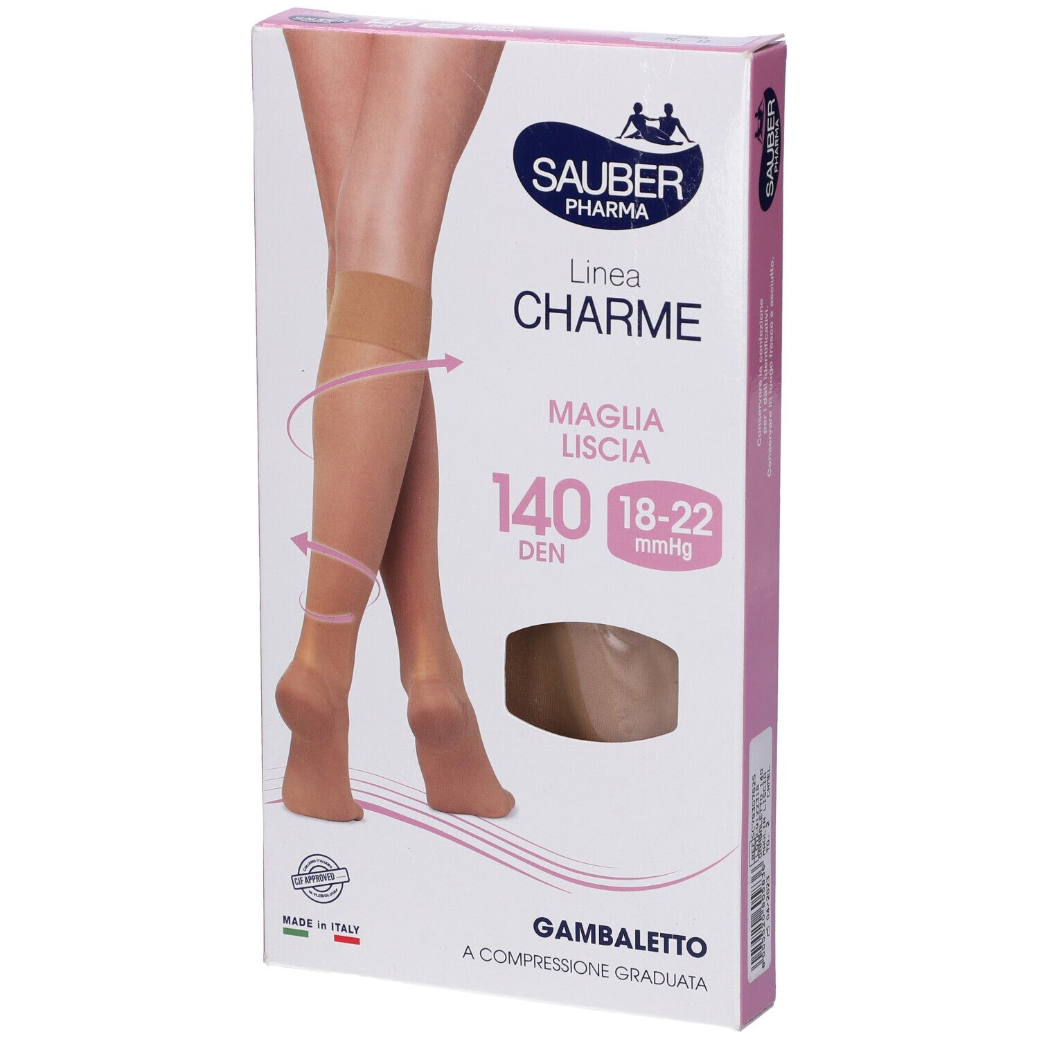 Confezione Sauber Charme Gambaletto, 140 Den, Camel. Immagine di gamba. Testo: Charme, Maglia Liscio, 140 Den, 18-22 mmHg.
