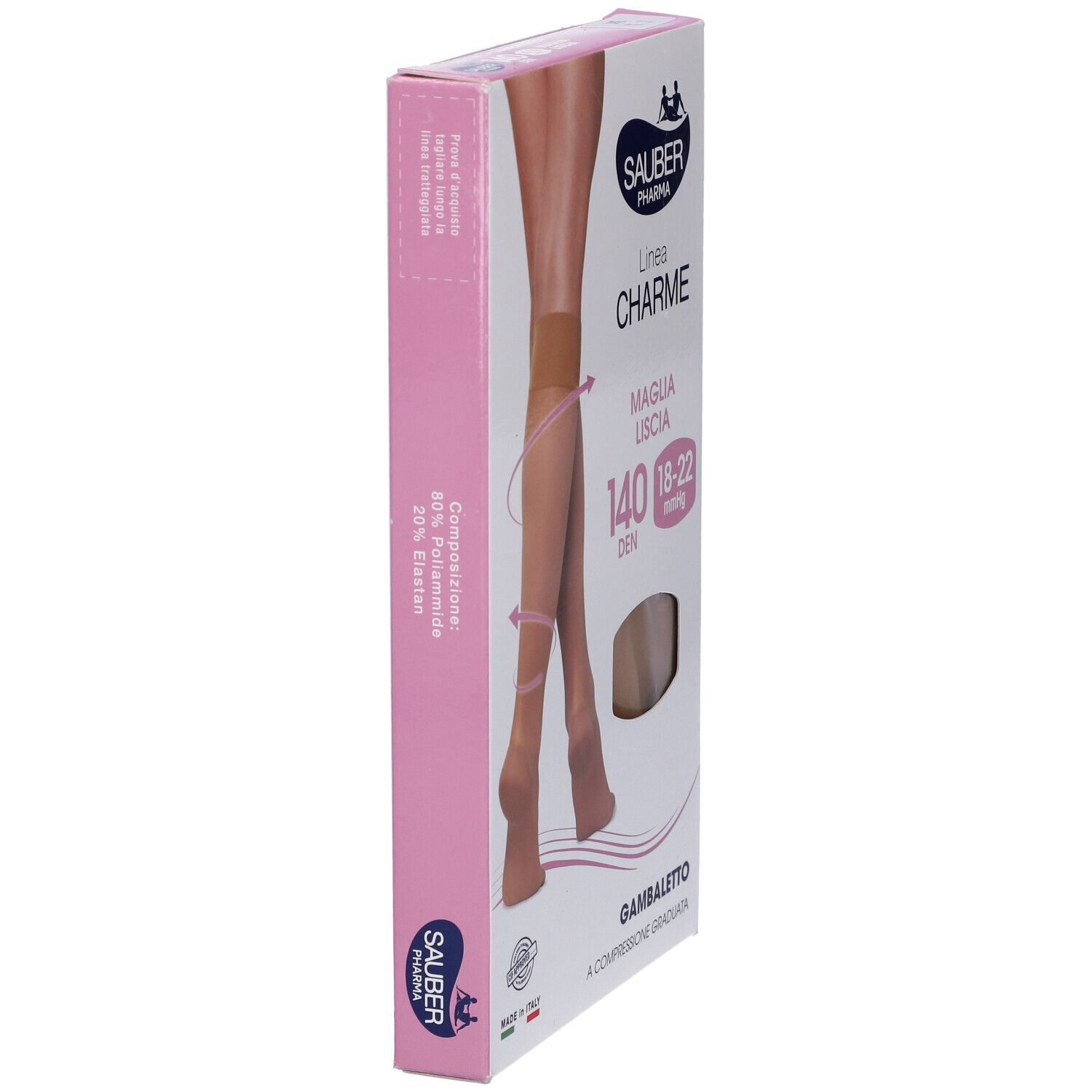 Confezione Sauber Charme Gambaletto, 140 Den, Camel. Vista laterale. Testo: Charme, Maglia Liscio, 140 Den, 18-22 mmHg. Ingredienti.