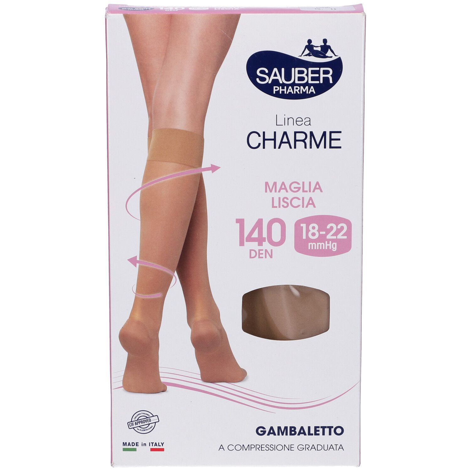 Confezione Sauber Charme Gambaletto, 140 Den, Camel. Immagine di gamba. Testo: Charme, Maglia Liscio, 140 Den, 18-22 mmHg.