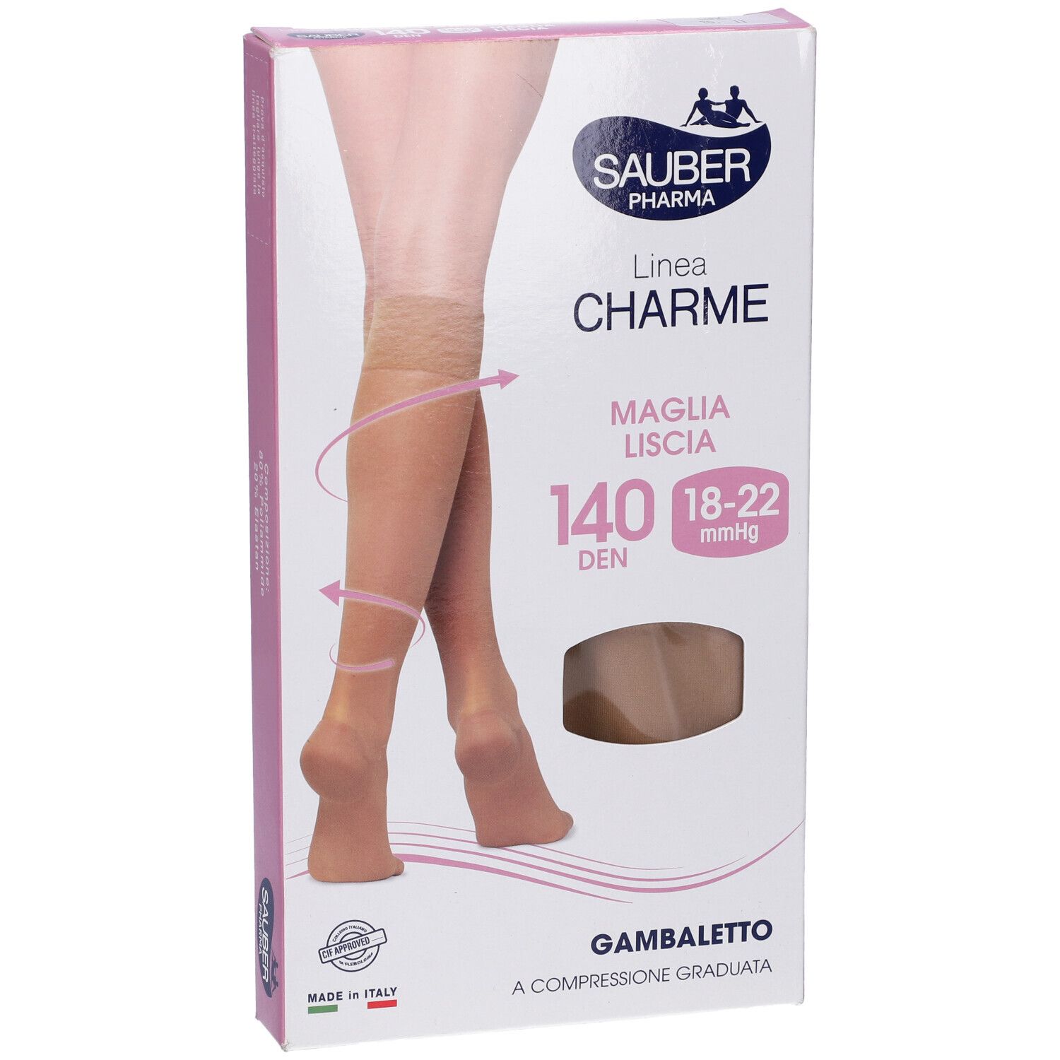 Confezione Sauber Charme Gambaletto, 140 Den, Camel. Immagine di gamba. Testo: Charme, Maglia Liscio, 140 Den, 18-22 mmHg.