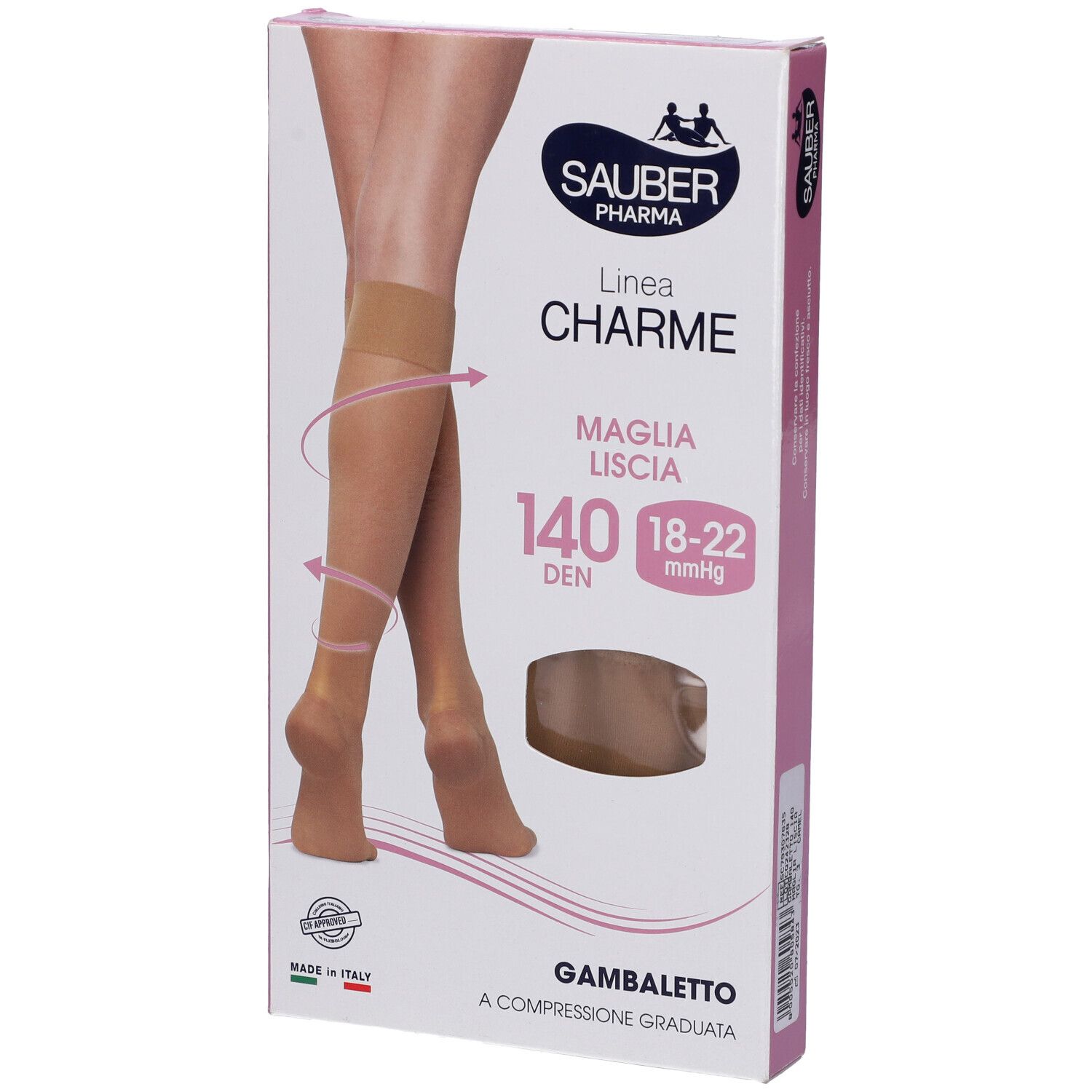 Confezione di Sauber Charme Gambaletto. Scritta: 140 Den, 18-22 mmHg. Immagine: gambaletti color cammello.