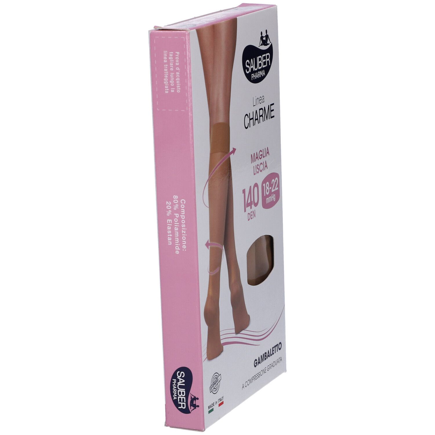 Confezione di Sauber Charme Gambaletto. Scritta: 140 Den, 18-22 mmHg. Immagine: gambaletti color cammello.
