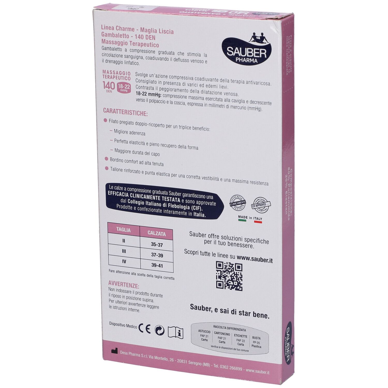 Confezione di Sauber Charme Gambaletto. Scritta: 140 Den, 18-22 mmHg. Immagine: gambaletti color cammello.