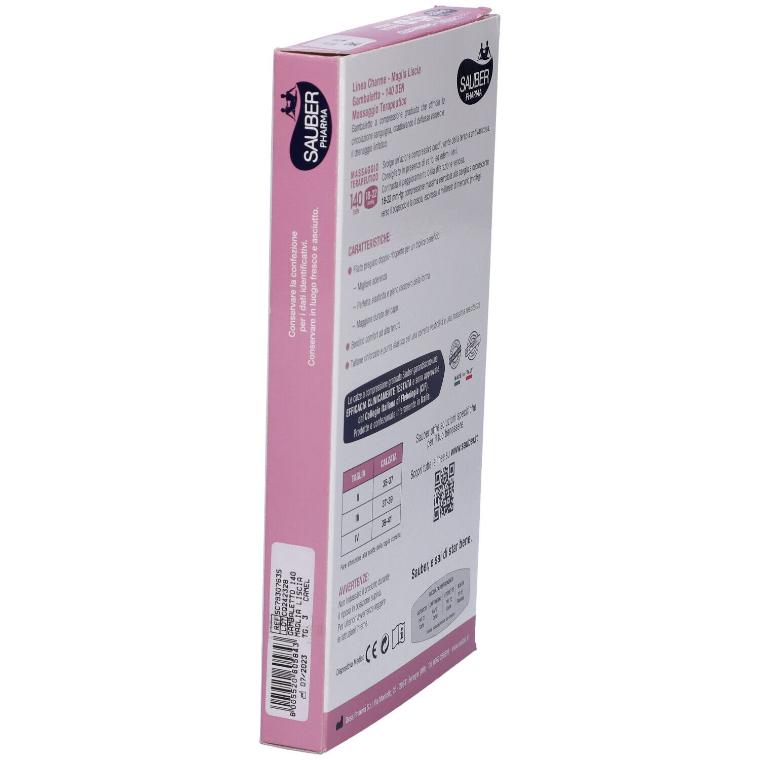 Confezione di Sauber Charme Gambaletto. Scritta: 140 Den, 18-22 mmHg. Immagine: gambaletti color cammello.