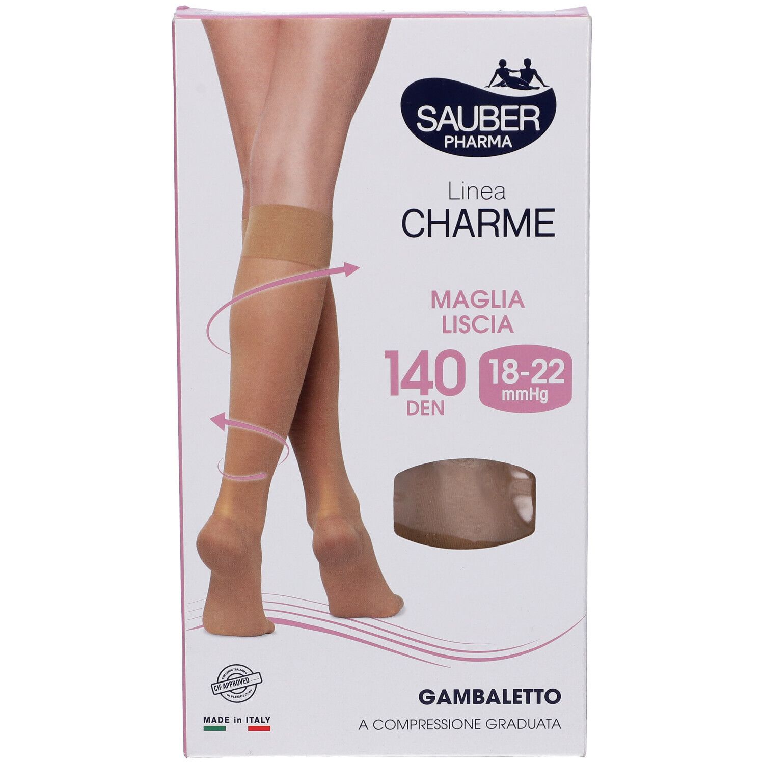 Retro della confezione Sauber Charme Gambaletto. Testo e tabella taglie. Certificazione.
