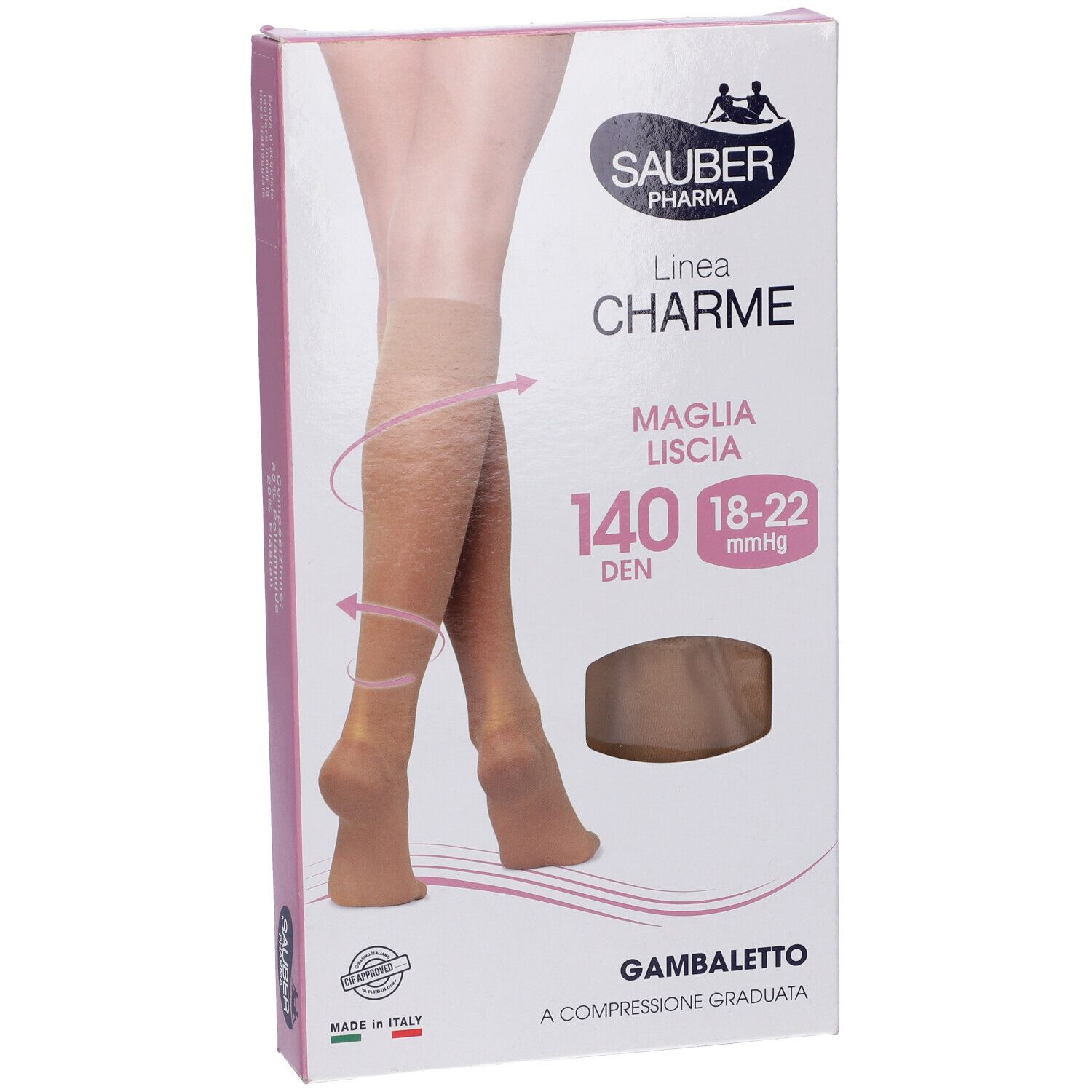 Confezione di Sauber Charme Gambaletto. Scritta: 140 Den, 18-22 mmHg. Immagine: gambaletti color cammello.