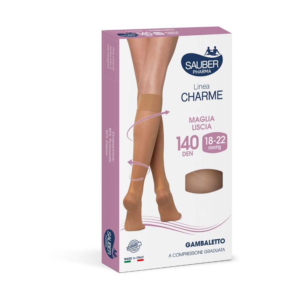 Verpackung mit Kompressionsstrümpfen. Marke Sauber Pharma, Modell Gambaletto. Farbe Camel, 140 Den.