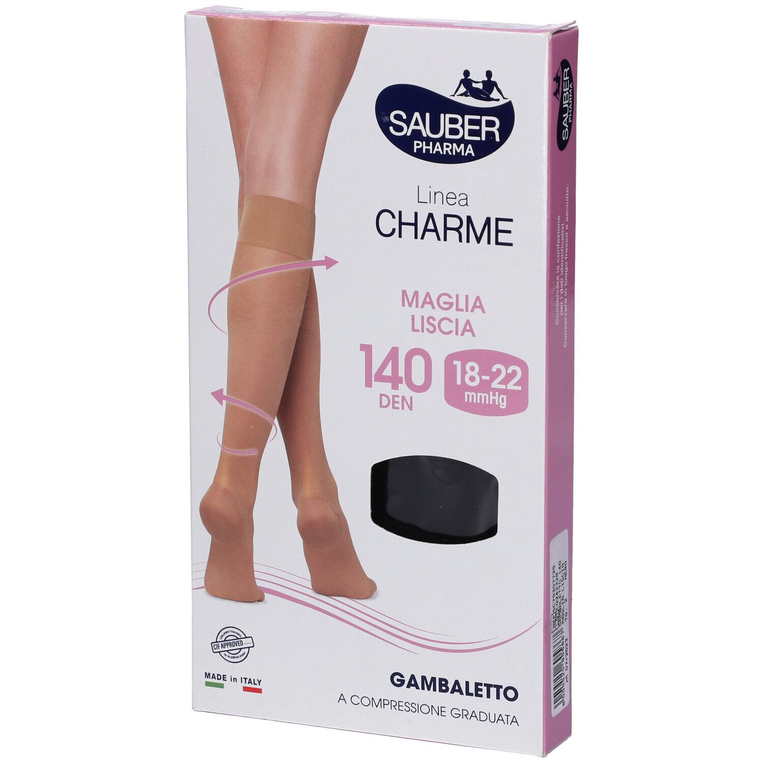 Confezione Sauber Charme Gambaletto. Calza nera sulla confezione. Scritta: 140 Den, 18-22 mmHg. Confezione rosa e bianca.