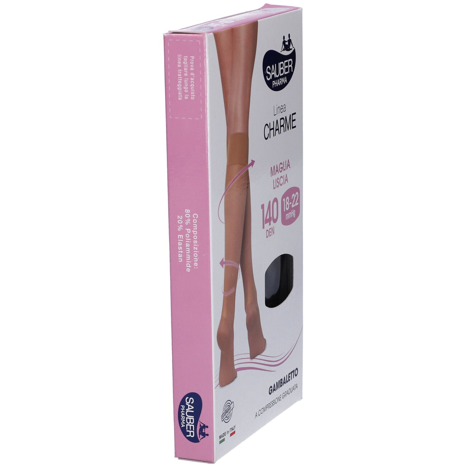 Confezione Sauber Charme Gambaletto. Vista laterale. Scritta: 140 Den, 18-22 mmHg. Confezione rosa e bianca. Composizione: 80% poliammide, 20% elastan.