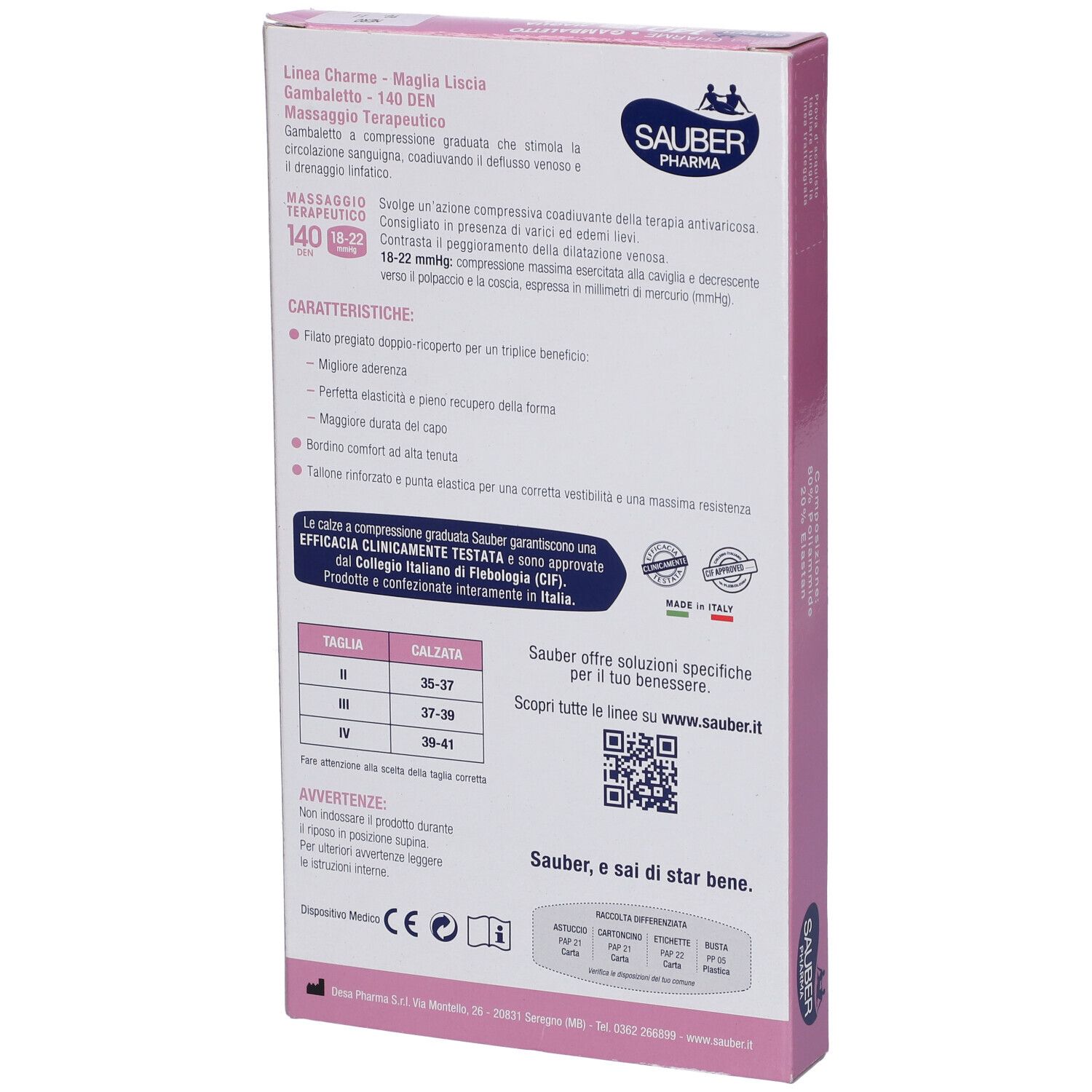 Retro della confezione Sauber Charme Gambaletto. Testo: Massaggio, 18-22 mmHg, caratteristiche, taglie. Confezione rosa e bianca.