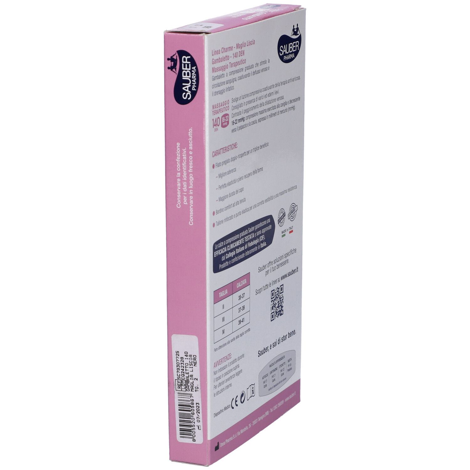 Vista laterale della confezione Sauber Charme Gambaletto. Testo: taglie, numero di lotto. Confezione rosa e bianca.