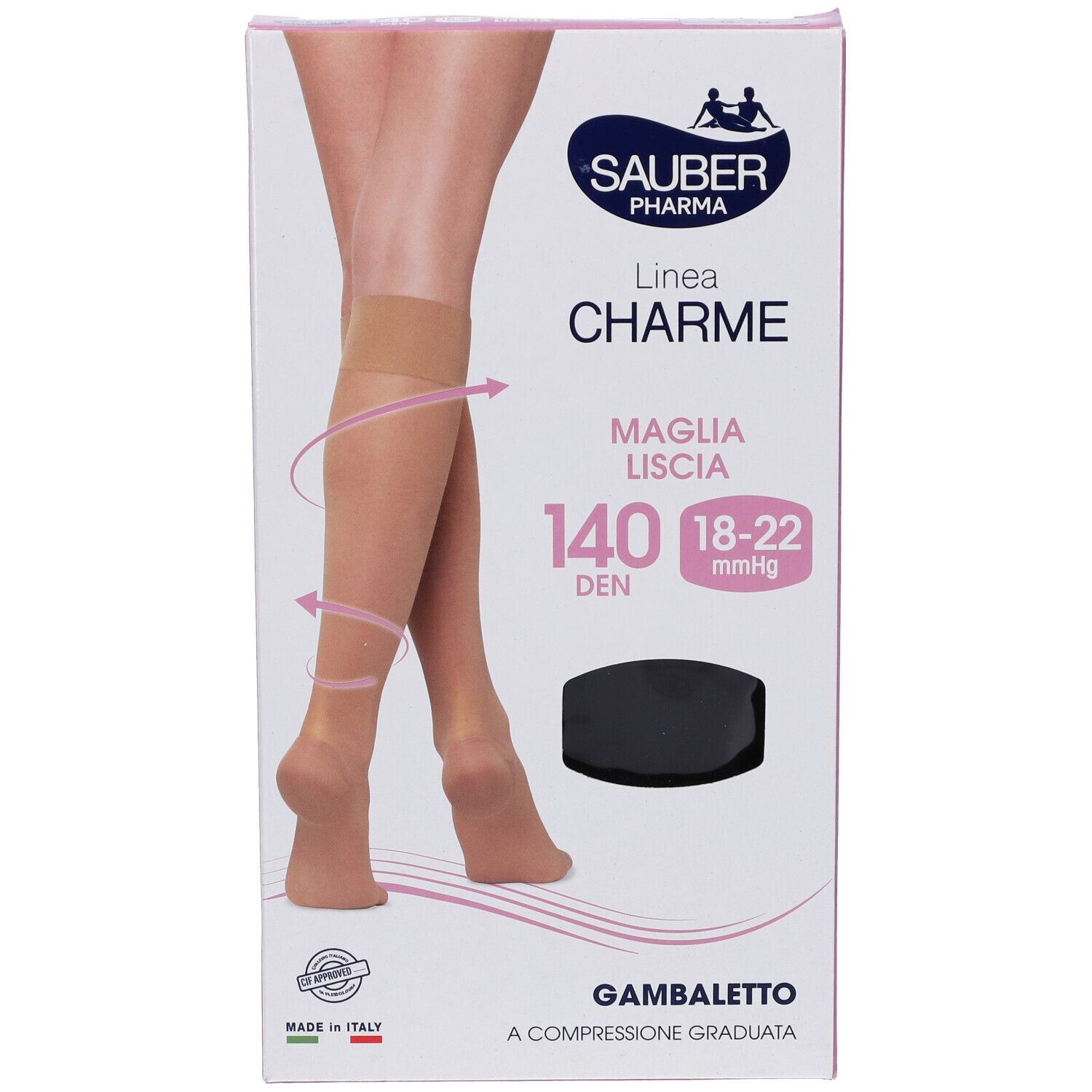 Confezione Sauber Charme Gambaletto. Calza nera sulla confezione. Scritta: 140 Den, 18-22 mmHg. Confezione rosa e bianca.