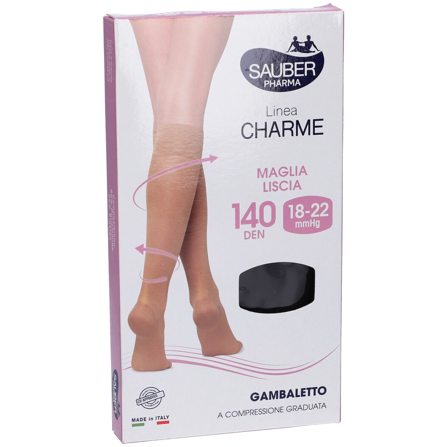 Confezione Sauber Charme Gambaletto. Vista laterale. Scritta: 140 Den, 18-22 mmHg. Confezione rosa e bianca.