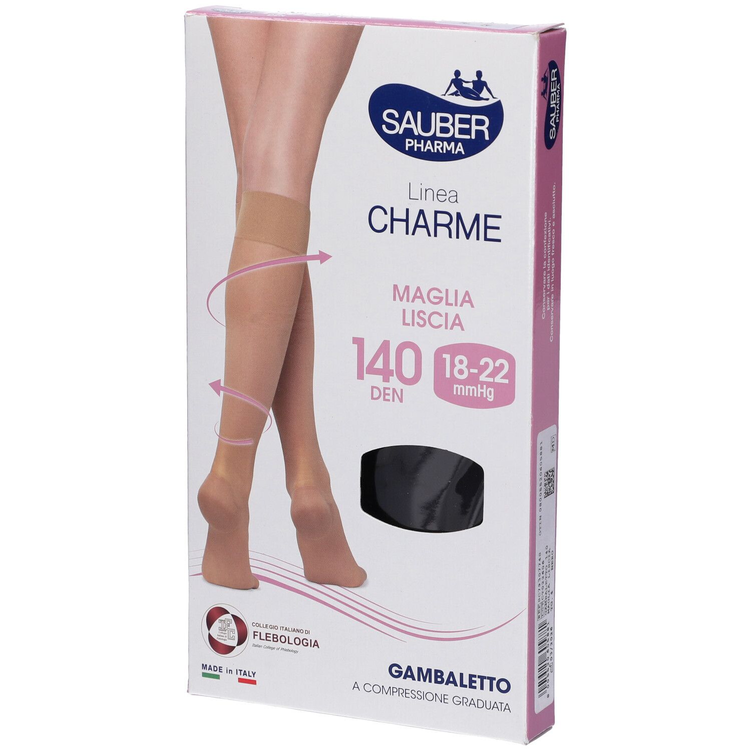 Verpackung mit Sauber Gambaletto Maglia Liscia 140 Denari Nero 4. Abbildung von Beinen mit Strümpfen. Marke und Produktbezeichnung.