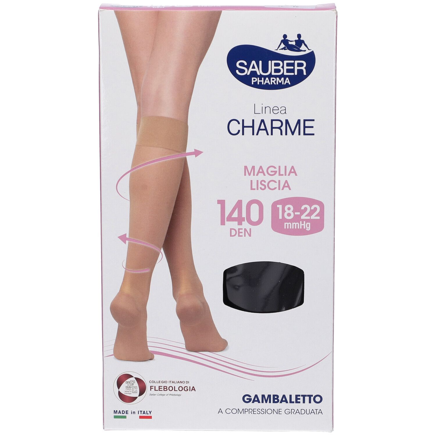 Verpackung von Sauber Gambaletto Maglia Liscia 140 Denari Nero 4. Abbildung von Beinen mit Strümpfen. Marke und Produktbezeichnung.