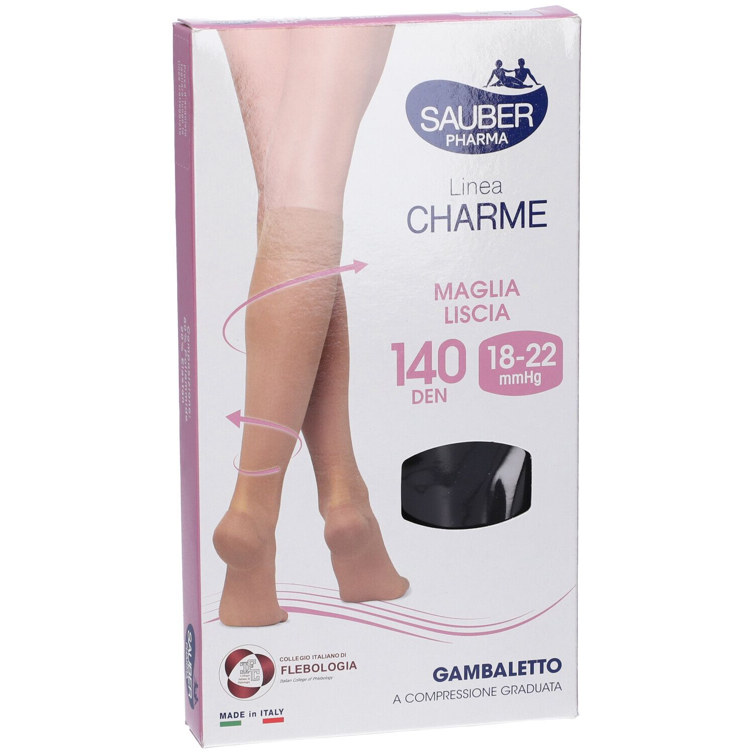 Verpackung von Sauber Gambaletto Maglia Liscia 140 Denari Nero 4. Abbildung von Beinen mit Strümpfen. Marke und Produktbezeichnung.