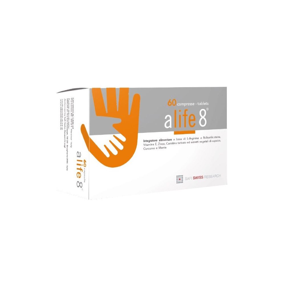 Scatola bianca con "a life 8" e mano arancione. Contiene 60 compresse. Scritto: "SAFE SWISS RESEARCH".