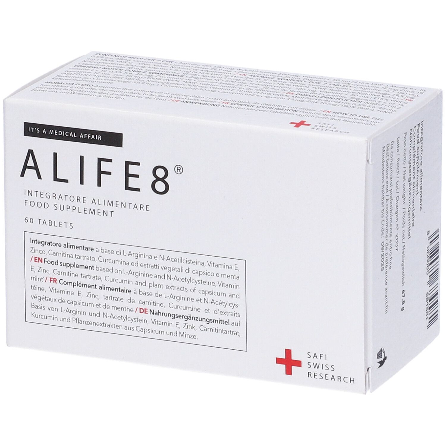 Scatola bianca con "ALIFE 8" e "60 tablets". Integratore alimentare. Croce rossa e "SAFI SWISS RESEARCH".