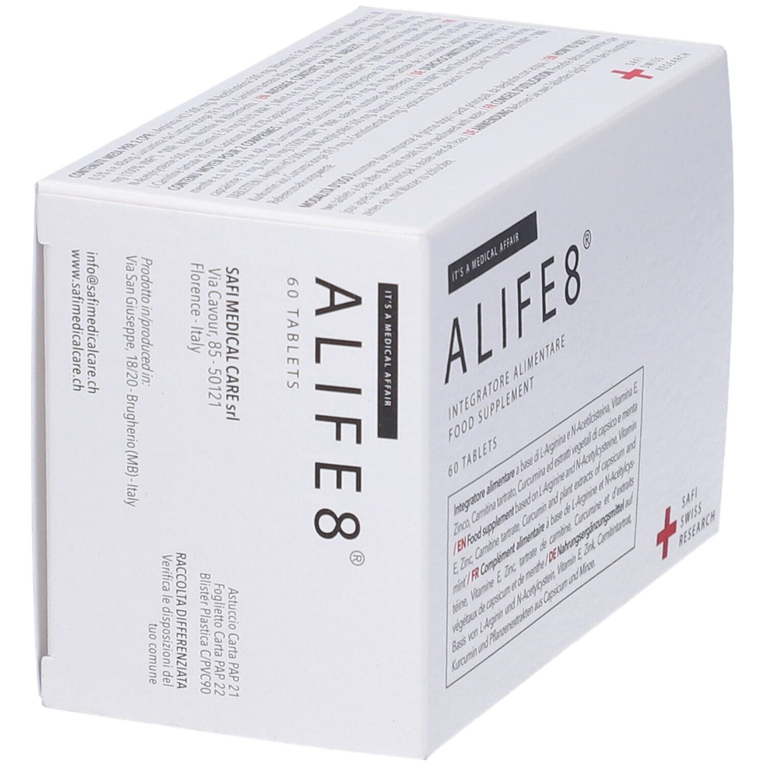 Scatola bianca con "ALIFE 8" e "60 tablets". Integratore alimentare. Croce rossa e "SAFI SWISS RESEARCH".
