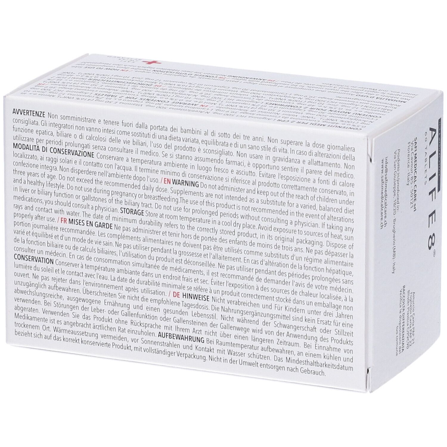 Scatola bianca con "ALIFE 8" e "60 tablets". Integratore alimentare. Croce rossa e "SAFI SWISS RESEARCH".