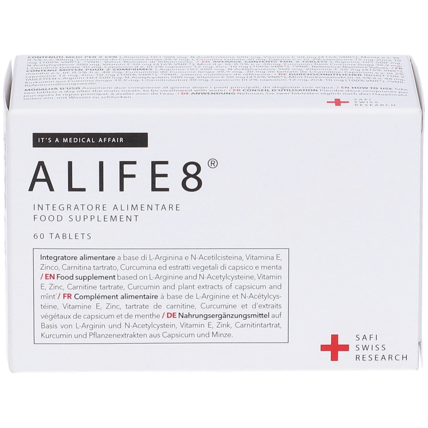Scatola bianca con "ALIFE 8" e "60 tablets". Integratore alimentare. Croce rossa e "SAFI SWISS RESEARCH".