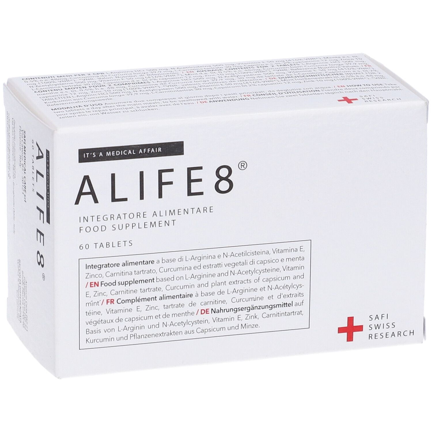 Scatola bianca con "ALIFE 8" e "60 tablets". Integratore alimentare. Croce rossa e "SAFI SWISS RESEARCH".